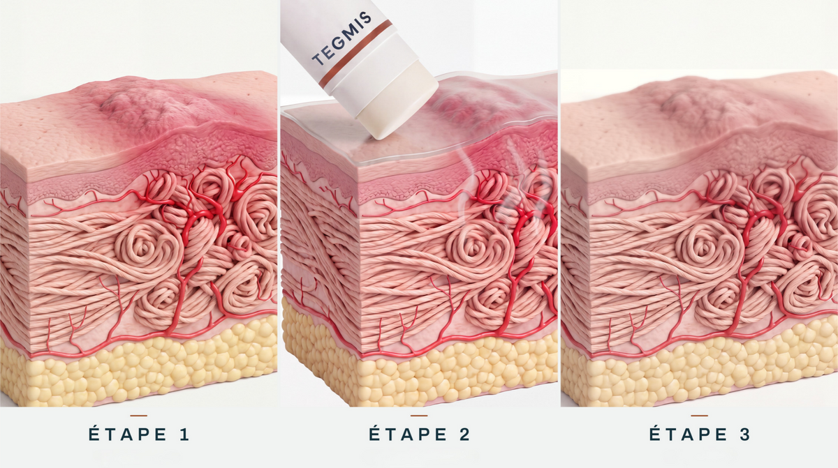 Coupe de peau en trois étapes : cicatrice active, application du silicone, peau apaisée